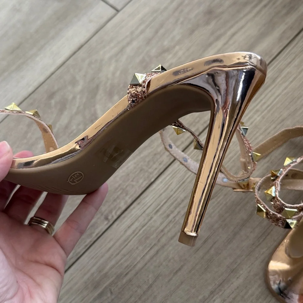 Wild Diva Lounge Rose Gold Strappy Studded High Heels 7.5 New